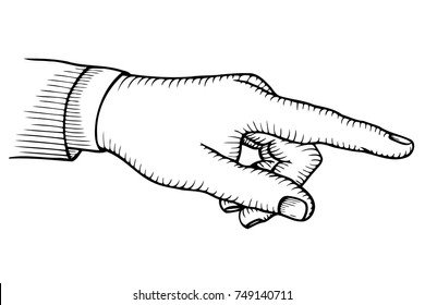 Pointing finger. Vector black vintage engraved illustration isolated on a white background. Hand sign for web, poster, info graphic