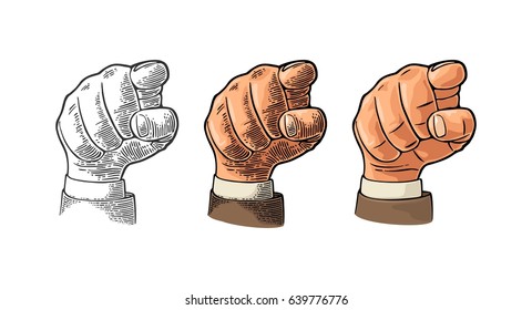 Pointing finger at viewer, from front. Vector color flat illustration isolated on a white background. Male hand in sleeve suit and without. Sign for web, poster, info graphic