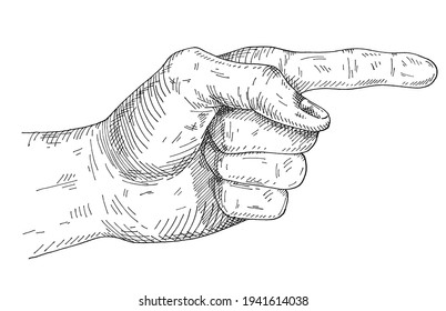 Pointing finger. Vintage monochrome hatching illustration isolated on white background. Hand drawn design