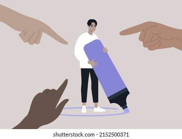 Pointing fingers of haters, Bullying,  Racism, and sexism, A collective crowd aggression in modern society and ways of coping with it, A young character drawing a circle around them with a highlighter