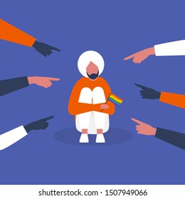 Pointing fingers. LGBT rights. Sad male character hugging his knees. Flat editable vector illustration, clip art