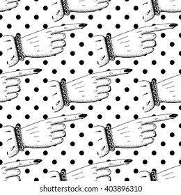 Pointing fingers seamless pattern in vintage style, vector