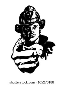 Pointing Fireman - Retro Clipart Illustration