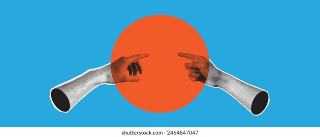 pointing gesture of the index finger hand with thumb right sign isolated halftone black white dots texture pop art style collage element for mixed media concept design