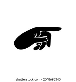 Geste einzeln auf die Spitze. Schwarze Silhouette einer entspannten Hand auf weißem Hintergrund, die nach rechts zeigt. Vektorgrafik der Geste.