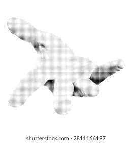 Pointing gesture, pixel art style, digital illustration of open hand, artistic graphic representing direction or invitation, isolated art.