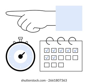Mano que apunta sobre un reloj y un calendario con marcas de verificación. Ideal para la productividad, la programación, los plazos, la planificación, la organización, la gestión del tiempo y la eficiencia. Metáfora de línea
