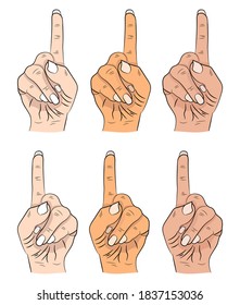 Pointing hand. colored silhouette of a hand with a forefinger up. Woman's hand shows. set of icons isolated on white background. Vector illustration