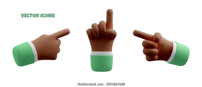 Pointing hand with dark skin 3d icon set. Vector realistic illustration, business clipart isolated on white background