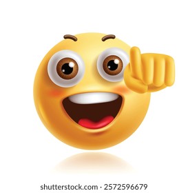 Pointing hand emoji clipart 3d character. Emoji face character in happy, funny, enjoy, positive, cheerful and cute facial expression. Vector illustration pointing hand emoticon clip art. 
