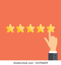 Pointing hand and five stars. Customer reviews, rating, user feedback concept. Modern flat design concepts for web banners, web sites, printed materials, infographics. Creative vector illustration