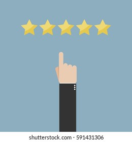 Pointing hand and five stars. Customer reviews, rating, user feedback concept.