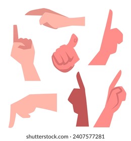 Pointing hand flat icons. Different hand gestures set. Signs, expressions with pointing forefinger, clenched palms. Gesture paying attention, presenting, direction. Vector illustrations isolated