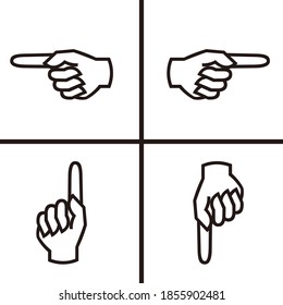 Zeigezeige-Symbol, HAND GESTURE LINE SYMBOL, Handsymbole Set. Rahmenstil nachziehen. Vektorgrafik. Einzeln auf weißem Hintergrund. 