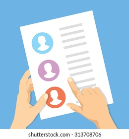 Pointing hand and hand with list of job applicants. Human resources concept. Modern flat design concepts for web banners, web sites, printed materials, infographics. Creative vector illustration