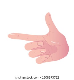 Pointing Hand Make Gesture Forefinger. Showing Gesture Sign Looks Like Holding Gun and Ready For Shoot Or Push Button. Vector Flat Concept Isolated on white background.
