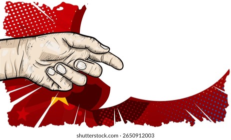 Pointing hand on comic style promotional banner template - vector illustration