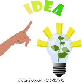 Pointing hand to plant grow inside the lamp - light and inspirations for business idea to make money and growing to top