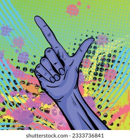A pointing hand in pop art style. Hand-drawn vector illustration.