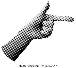 Pointing hand. Retro halftone. Modern collage. Gesture. Pop art dotted style. Hand with index finger with halftone texture. Trendy vintage newspaper parts. Paper cutout element. Y2K style