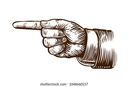 Pointing hand sketch. Forefinger, index finger. Vintage, retro vector illustration