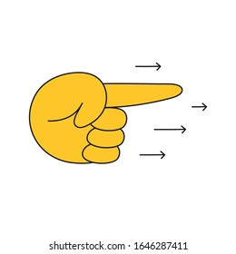 Pointing hand sketch. Forefinger, index finger indicates the direction along the arrow, this way concept. Flat line yellow vector illustration ob white.