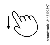 Pointing hand swipe down gesture isolated vector icon. Move downward hand gesture cutout clipart design element. Drag and drop cursor sign. Apps or games user interface asset. GUI element.