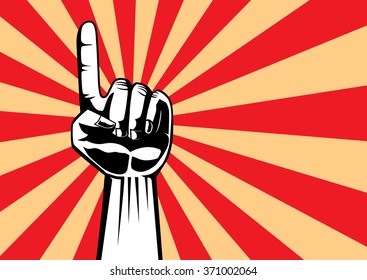 Pointing hand to top on red retro style background.