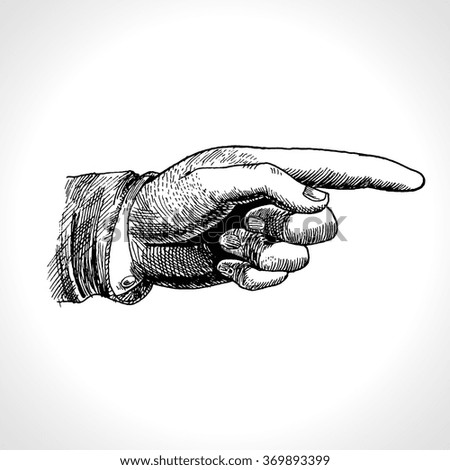 Pointing hand. Vector of pointing finger, vintage gravure style. 