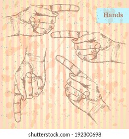 Pointing  hand, vector vintage background in sketch style