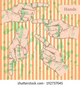 Pointing  hand, vector vintage background in sketch style