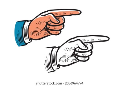 Pointing hand vintage sketch. Forefinger, index finger retro vector illustration