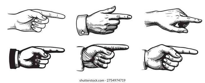 Pointing hands engraving style vector set. Pointing symbols.