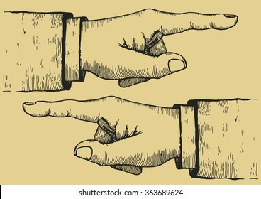 pointing hands. hand drawn engraved illustration