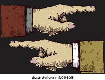 pointing hands. hand drawn engraved illustration