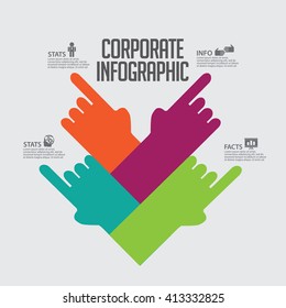 Pointing hands infographic element with business icons and copy space. EPS 10 vector