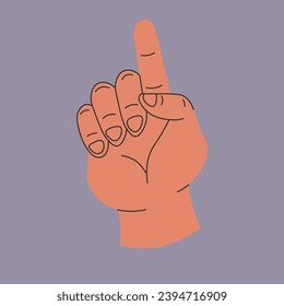 Pointing up an index finger, isolated hand of man or woman. Palm with lines, arm with fingers and fingernails. Gesturing and non verbal communication means. Vector in flat style illustration