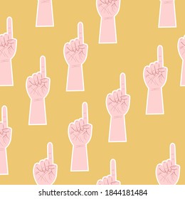 Pointing index fingers seamless pattern. yellow background. Fun hand gesture, expression vector wallpaper.