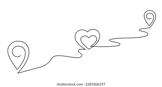 Pointing location with hearts at map one line art,hand drawn way destination continuous contour with romantic symbol for February 14,direction gps navigation concept.Editable stroke.Isolated.Vector