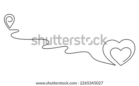 Pointing location with hearts at map one line art,hand drawn way destination continuous contour with romantic symbol for February 14,direction gps navigation concept.Editable stroke.Isolated.Vector