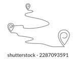 Pointing location at map one line art,hand drawn way destination continuous contour,trendy template direction, gps navigation concept.Editable stroke.Isolated.Vector illustration