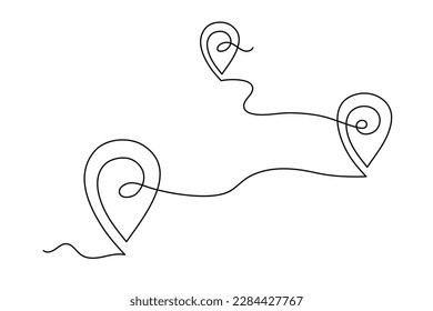 Pointing location at map one line art,hand drawn way destination continuous contour,trendy template direction, gps navigation concept.Editable stroke.Isolated.Vector illustration