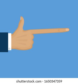 Pointing long finger flat cartoon vector illustration. Hand of the human on blue background. Hypertrophic pointing finger. Hand banner. Hand arrow icon. Direction gesture poster.