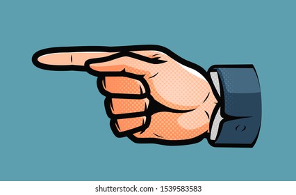 Pointing male hand. Business concept in pop art retro comic style. Cartoon vector illustration