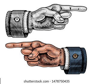 Pointing male hand. Engraved Forefinger directs. Sketch in vintage retro style. Close up arm gesture in monochrome style. Business concept for web site or label.