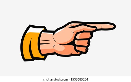 Pointing male hand in pop art style. Vector illustration