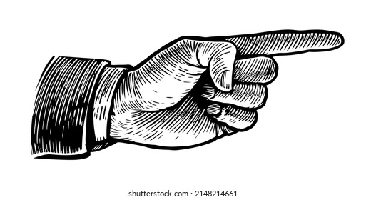 Pointing male hand vector. Forefinger directs. Business concept. Sketch in vintage retro style