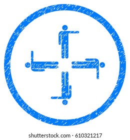 Pointing Men grainy textured icon inside circle for overlay watermark stamps. Flat symbol with unclean texture. Circled vector blue rubber seal stamp with grunge design.