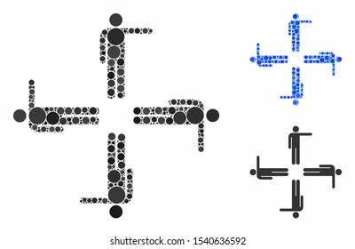Pointing men mosaic of round dots in variable sizes and color tints, based on pointing men icon. Vector round dots are composed into blue mosaic. Dotted pointing men icon in usual and blue versions.