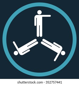 Pointing Men vector icon. Style is bicolor flat circled symbol, blue and white colors, rounded angles, dark blue background.